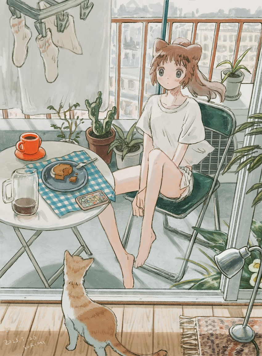 1girl animal_ears barefoot cactus cat cat_ears cellphone chair closed_mouth commentary cup dated eokaku_surimi food full_body green_eyes highres lamp long_hair orange_hair original phone plant plate ponytail potted_plant shirt short_shorts shorts sitting smartphone socks_removed solo symbol-only_commentary table white_shirt wooden_floor