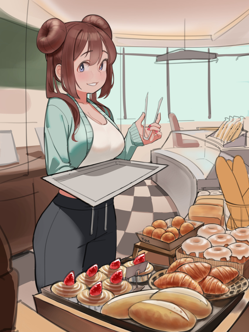 1girl absurdres alternate_costume baguette bakery black_pants blue_eyes bread breasts brown_hair cardigan cleavage collarbone commentary_request croissant double_bun doughnut doughnut_hair_bun feet_out_of_frame food fruit green_cardigan hair_bun hand_up highres holding holding_tongs holding_tray indoors korean_commentary large_breasts loaf_of_bread long_hair long_sleeves looking_at_viewer matdoljangin nail_polish pants pastry pink_nails pokemon pokemon_(game) pokemon_bw2 rosa_(pokemon) shadow shirt shop sidelocks solo standing strawberry thighs tile_floor tiles tray twintails unfinished white_shirt