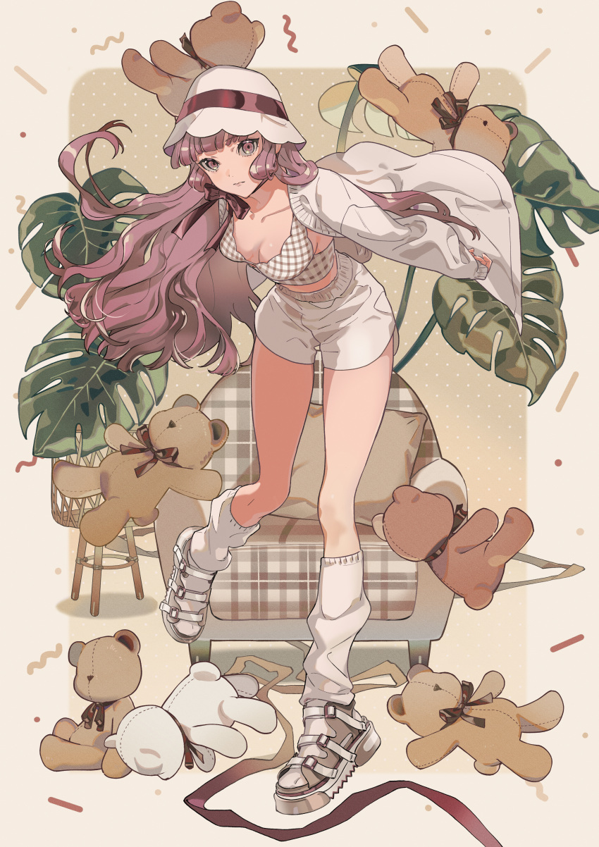 1girl absurdres armchair blunt_bangs breasts brown_background cardigan chair confetti dropping floating_clothes full_body haruno_taku hat highres leaf leaning_forward long_hair long_sleeves looking_at_viewer loose_socks midriff original outside_border pigeon-toed pillow plaid plaid_shirt red_eyes red_hair red_ribbon ribbon rounded_corners shirt shorts sidelocks socks solo standing standing_on_one_leg stuffed_animal stuffed_toy teddy_bear vase very_long_hair white_cardigan white_headwear white_shorts white_socks