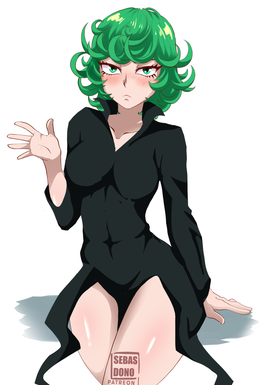 1girl absurdres black_dress blush collarbone commentary dress eyelashes green_eyes green_hair hand_up highres long_sleeves looking_at_viewer one-punch_man sebasdono short_hair sitting solo tatsumaki thighs