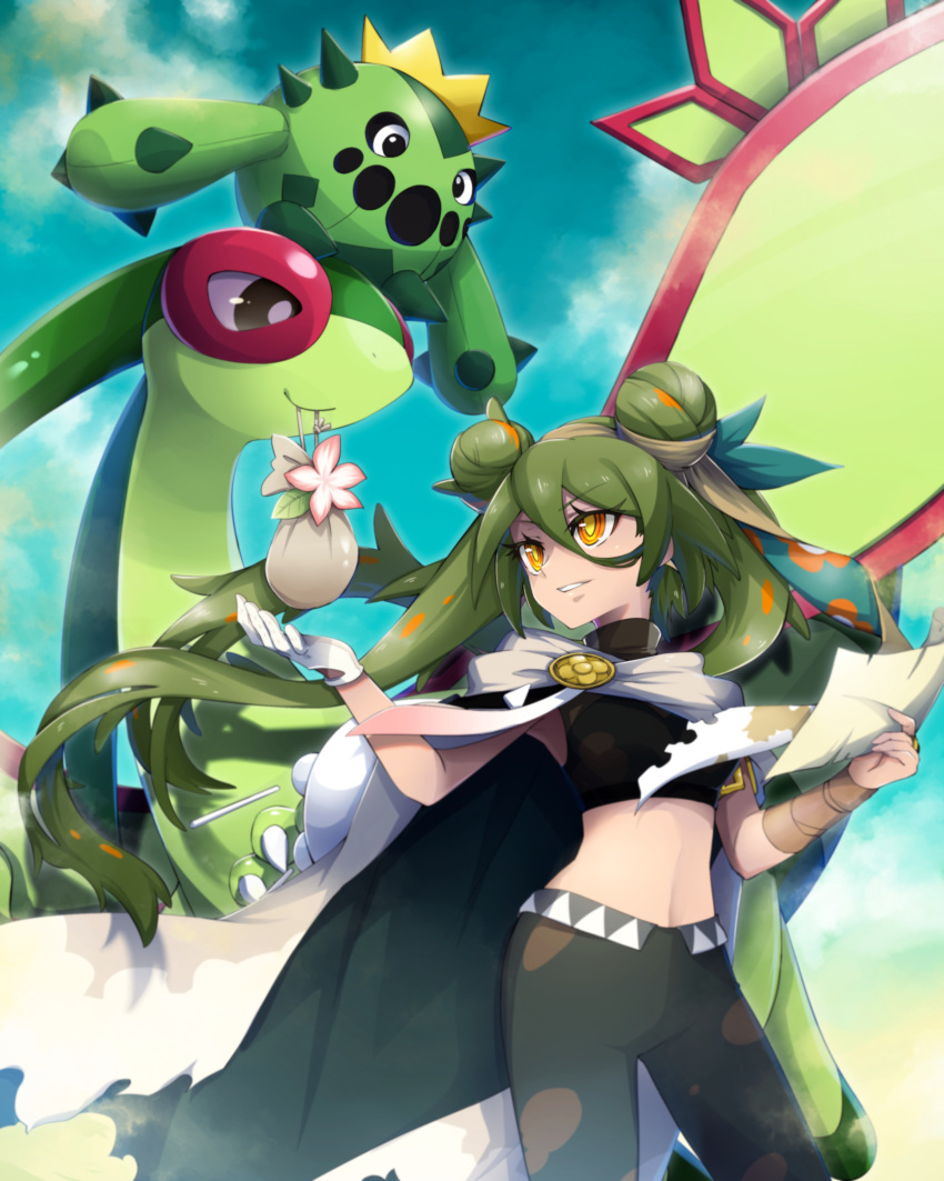 1girl absurdres bandaged_arm bandages brown_cape cacnea cape crop_top double_bun dragon flower flygon gloves green_hair green_wings ground_miku_(project_voltage) hair_bun hatsune_miku highres midriff ms_misubaru_mk2 orange_eyes pants pokemon pokemon_(creature) pouch single_glove sky smile twintails vocaloid wings
