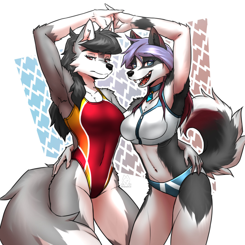 1:1 2022 5_fingers absurd_res anthro blue_clothing canid canine canis clothing diamond_(valor-force) digital_media_(artwork) female fingers fur hi_res mammal multicolored_body multicolored_fur myke_greywolf_(character) mykegreywolf one-piece_swimsuit open_mouth red_clothing solo swimwear teeth topwear white_clothing wolf