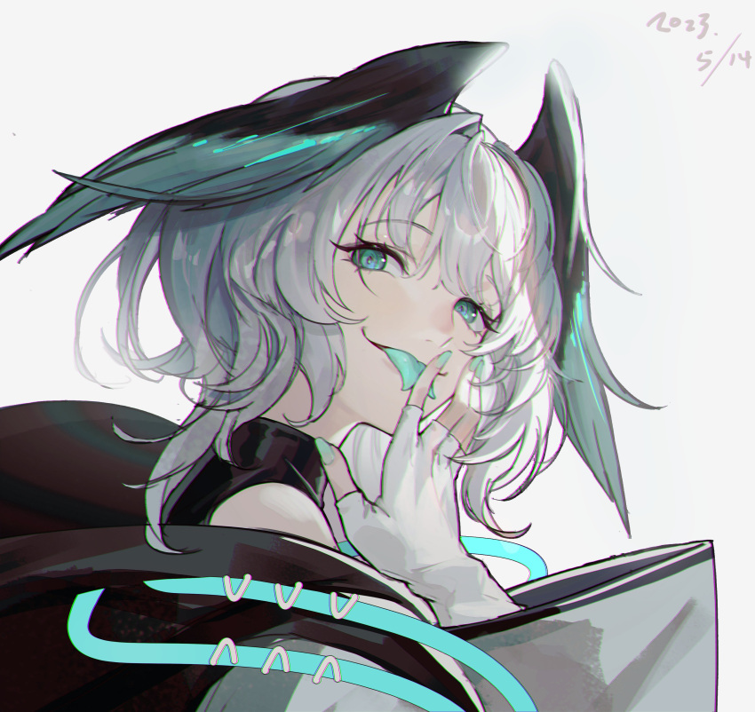 1girl absurdres aqua_eyes aqua_nails aqua_tongue aqua_wings arknights bare_shoulders duplicate feathered_wings fingerless_gloves forked_tongue gloves grey_hair hair_between_eyes head_wings highres ho'olheyak_(arknights) licking licking_finger long_coat long_sleeves looking_at_viewer lx.hk nail_polish pixel-perfect_duplicate short_hair sidelocks solo tongue tongue_out upper_body white_background white_gloves wings