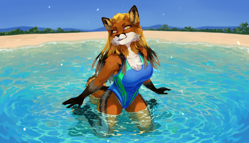 anthro beach breasts canid canine chest_tuft clothed clothing emerarudoshika female fox fur glistening hi_res inner_ear_fluff kneeling looking_at_viewer mammal multicolored_body multicolored_fur one-piece_swimsuit outside partially_submerged plant reflection reyna_(reynafox) sand seaside sky solo swimwear tree tuft water water_reflection water_ripple