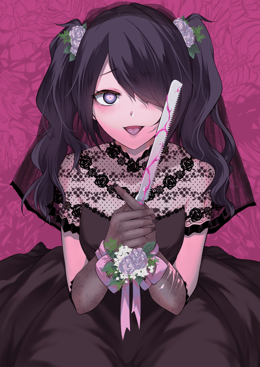 1girl :d absurdres alternate_costume ame-chan_(needy_girl_overdose) black_dress black_gloves black_hair black_nails blood blood_on_weapon blue_eyes blush bonesaw bound bound_wrists breasts bridal_veil commentary_request commission dress floral_print flower gloves hair_flower hair_ornament hair_over_one_eye hands_up heart heart_in_eye highres lace long_hair looking_at_viewer mikumo_george nail_polish needy_girl_overdose open_mouth own_hands_together pink_background pink_blood pink_flower pink_ribbon pink_rose ribbon rose sitting skeb_commission small_breasts smile solo strapless strapless_dress symbol_in_eye twintails veil weapon wedding_dress white_flower yandere