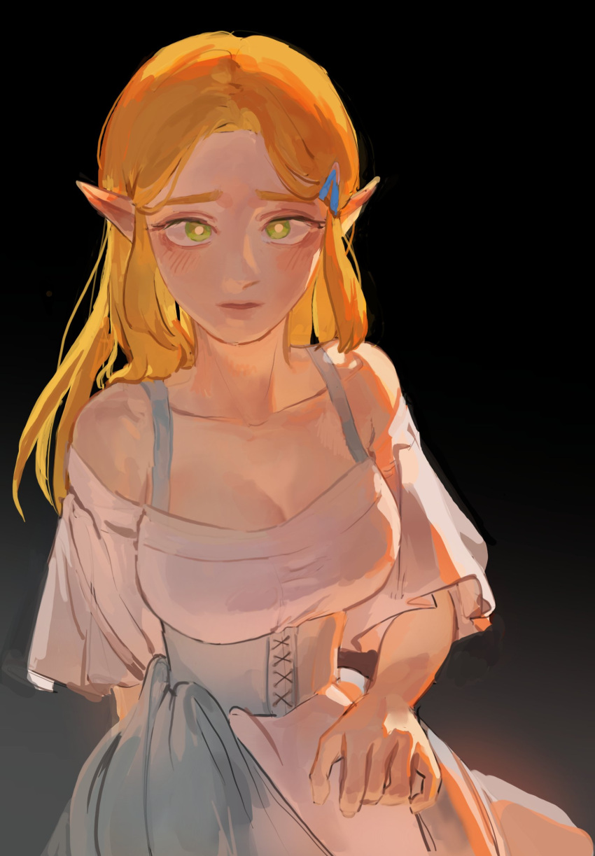 1girl bare_shoulders black_background blonde_hair blush breasts cleavage collarbone cowboy_shot dress gradient_background grey_background hair_ornament hairclip highres large_breasts long_hair parted_bangs pointy_ears princess_zelda psp26958748 short_sleeves solo the_legend_of_zelda the_legend_of_zelda:_breath_of_the_wild white_dress