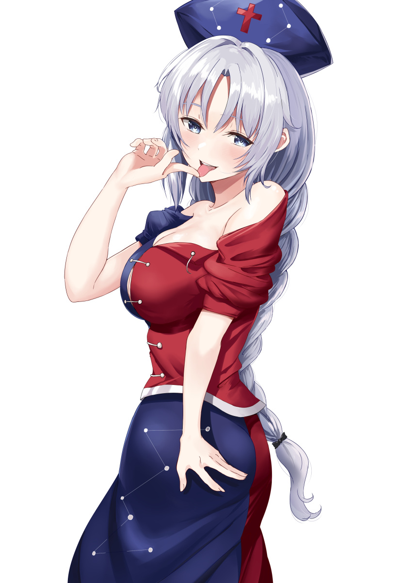 1girl absurdres blue_headwear blue_shirt blue_skirt blush braid breasts cleavage cross grey_eyes grey_hair hat highres i.f.s.f large_breasts long_hair nurse_cap open_mouth red_cross red_shirt red_skirt shirt short_sleeves simple_background single_braid skirt smile solo tongue tongue_out touhou white_background yagokoro_eirin