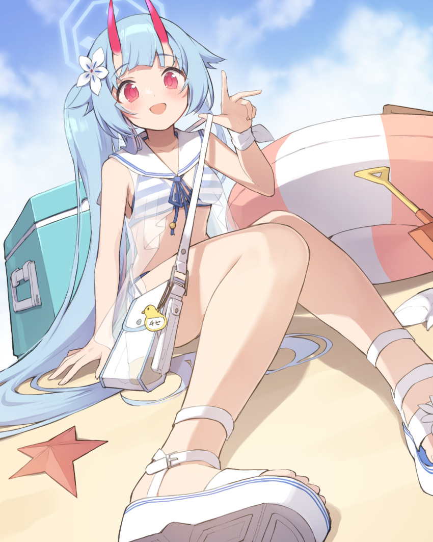 1girl aqua_hair bag bikini blue_archive blush breasts chise_(blue_archive) chise_(swimsuit)_(blue_archive) cloud cooler day flower hair_flaps hair_flower hair_ornament highres horns indoors innertube long_hair looking_at_viewer miya_kazutomo name_tag open_mouth outdoors ponytail red_eyes sailor_bikini sailor_collar sandals sitting sky solo starfish striped striped_bikini swimsuit very_long_hair white_flower white_footwear