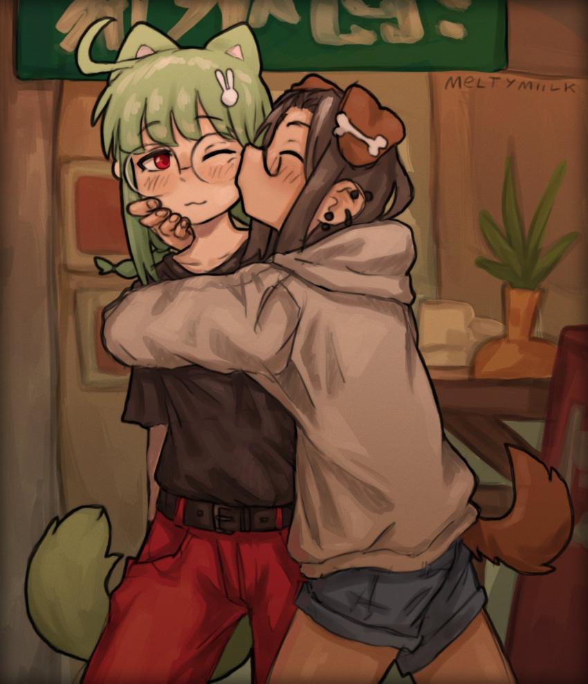 2girls ahoge amen_break_(syrupmelty) animal_ears belt bone_hair_ornament brown_eyes brown_hair cat_ears cat_girl cat_tail closed_eyes denim denim_shorts dog_ears dog_girl dog_tail ear_piercing glasses green_hair green_tail hair_ornament hand_on_another's_face highres hood hoodie hug kiss kissing_cheek multiple_girls one_eye_closed original outdoors pants piercing rabbit_hair_ornament red_eyes red_pants round_eyewear shirt shorts syrupmelty tail white_shirt yuri