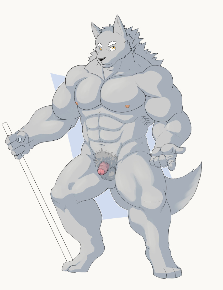 abs absurd_res anthro balls barefoot canid canine canis casual_nudity feet flaccid foreskin fur genitals hi_res humanoid_genitalia humanoid_hands humanoid_penis kemono looking_at_viewer male mammal manly muscular muscular_male navel nipples nude penis ricecakekain simple_background solo wolf