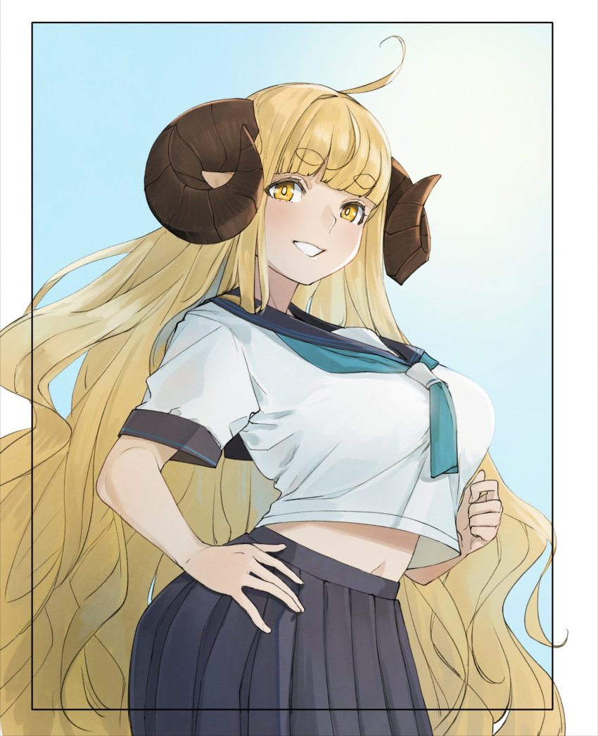 1girl ahoge anila_(granblue_fantasy) blonde_hair blue_skirt breasts clenched_hand draph eyebrows_hidden_by_hair granblue_fantasy highres horns large_breasts long_hair masato_(mirai_koubou) navel school_uniform sheep_horns skirt solo teeth thick_eyebrows very_long_hair yellow_eyes