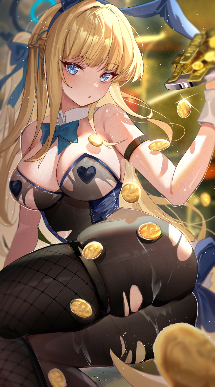 1girl :o absurdres animal_ears ass asymmetrical_legwear black_pantyhose blonde_hair blue_archive blue_bow blue_bowtie blue_eyes blue_hairband blurry blurry_background bow bowtie braid breasts coin covered_nipples depth_of_field detached_collar fishnet_thighhighs fishnets glint gold gold_bar gold_coin hairband halo heart_pasties highres leotard light_particles long_hair looking_at_viewer lying medium_breasts on_side pantyhose parted_lips pasties playboy_bunny rabbit_ears single_thighhigh tansuan_(ensj3875) thighhighs toki_(blue_archive) toki_(bunny)_(blue_archive) torn_clothes torn_leotard torn_pantyhose twisted_torso very_long_hair