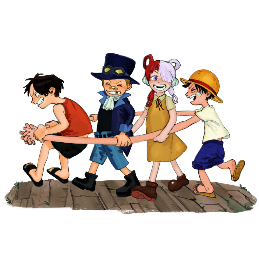 1girl 3boys aged_down asymmetrical_bangs bandaid black_hair blonde_hair child closed_eyes following full_body goggles goggles_on_headwear grin hair_over_one_eye hat highres long_hair monkey_d._luffy multicolored_hair multiple_boys napp one_eye_covered one_piece one_piece_film:_red open_mouth patch portgas_d._ace sabo_(one_piece) sandals short_hair smile straw_hat streaked_hair teeth time_paradox top_hat twintails two-tone_hair uta_(one_piece) walking