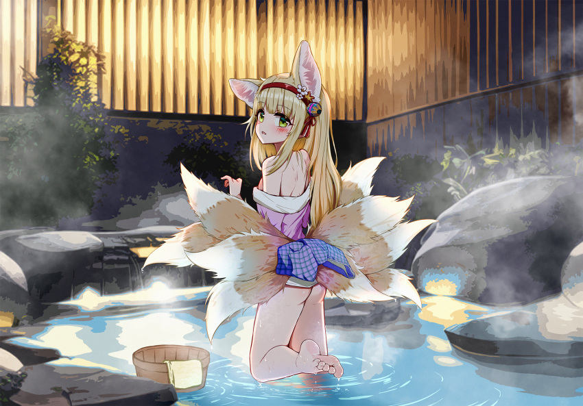 1girl \n/ animal_ears arknights ass back barefoot blonde_hair bucket eyelashes feet fox_ears fox_girl fox_tail from_behind green_eyes hair_ornament hairband hand_up highres japanese_clothes kimono kitsune legs long_hair looking_at_viewer looking_back multiple_tails nail_polish off_shoulder onsen open_mouth pink_kimono plant qiufengxiaose red_hairband red_ribbon ribbon ripples short_kimono sidelocks soles solo standing standing_on_one_leg steam suzuran_(arknights) suzuran_(yukibare)_(arknights) tail thighs toenail_polish toenails toes wading water