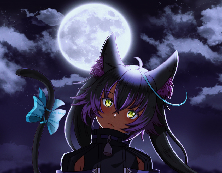 1girl absurdres ahoge animal_ears artist_name azumishard bell black_hair bow cat_ears cat_girl cat_tail celine_(sen_no_kiseki) cloud double-parted_bangs eiyuu_densetsu full_moon green_eyes highres jingle_bell looking_at_viewer moon multicolored_hair night night_sky outdoors sen_no_kiseki sky solo tail tail_bow tail_ornament twintails two-tone_hair