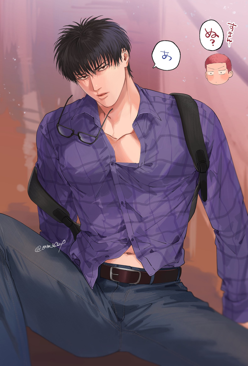 1boy backpack bag bara belt black_hair black_pants brown_belt collared_shirt eyewear_removed glasses highres male_focus muscular muscular_male om3632f pants purple_shirt rukawa_kaede sakuragi_hanamichi shirt short_hair slam_dunk_(series) translation_request twitter_username