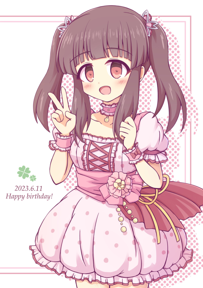 1girl blush brown_eyes brown_hair center_frills choker collarbone dated dress english_text frilled_cuffs frills happy_birthday highres idolmaster idolmaster_cinderella_girls kashimu looking_at_viewer ogata_chieri open_mouth polka_dot polka_dot_dress puffy_short_sleeves puffy_sleeves short_sleeves short_twintails solo twintails v