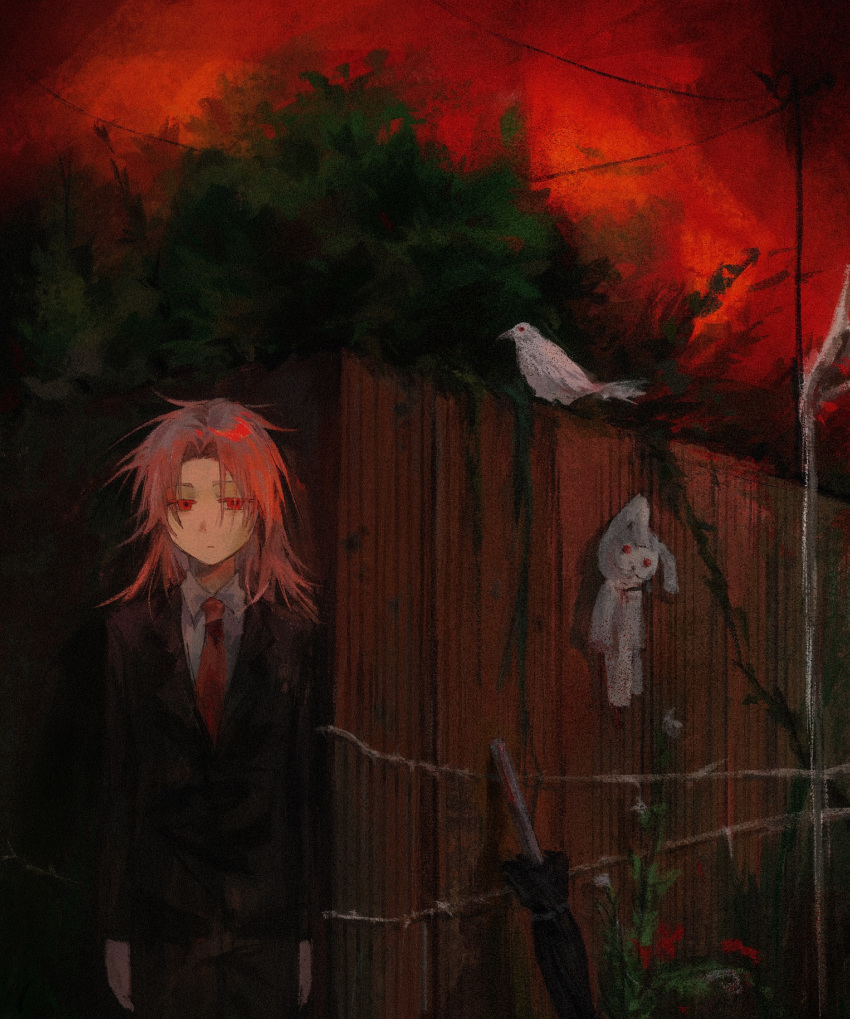 1boy absurdres arms_at_sides barbed_wire bird black_jacket black_pants black_umbrella chinese_commentary closed_umbrella collared_shirt colored_eyelashes commentary_request fence hatsutori_hajime highres jacket long_hair long_sleeves looking_at_viewer male_focus necktie outdoors pants parted_bangs pink_hair power_lines red_eyes red_necktie red_sky saibou_shinkyoku shirt sky solo stuffed_animal stuffed_rabbit stuffed_toy suit tatsujin_show umbrella white_bird white_shirt wooden_fence
