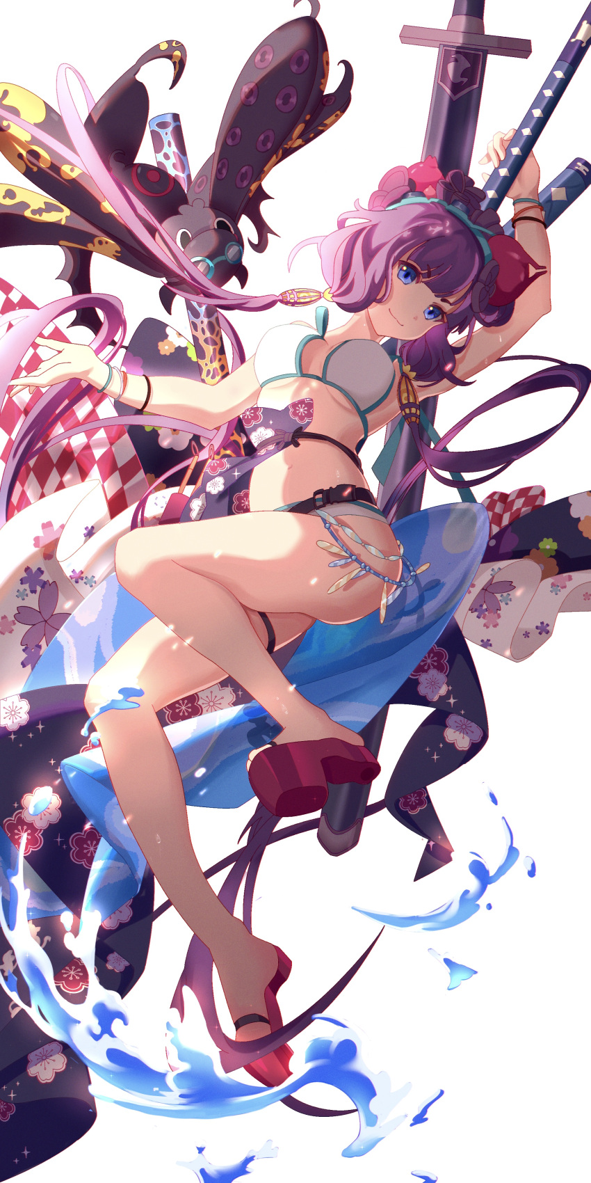 1girl absurdres ass bare_shoulders bikini black_hair blue_eyes bracelet breasts cleavage commentary dhsauce fate/grand_order fate_(series) floral_print full_body goggles goggles_on_head hair_ornament highres holding holding_sword holding_weapon jewelry katana katsushika_hokusai_(fate) katsushika_hokusai_(swimsuit_saber)_(fate) leg_belt long_hair looking_at_viewer medium_breasts multiple_bracelets multiple_swords multiple_weapons octopus plum_blossom_print sandals sheath sheathed simple_background smile solo stomach swimsuit sword sword_behind_back thigh_strap thighs tokitarou_(fate) underboob very_long_hair water weapon white_background white_bikini