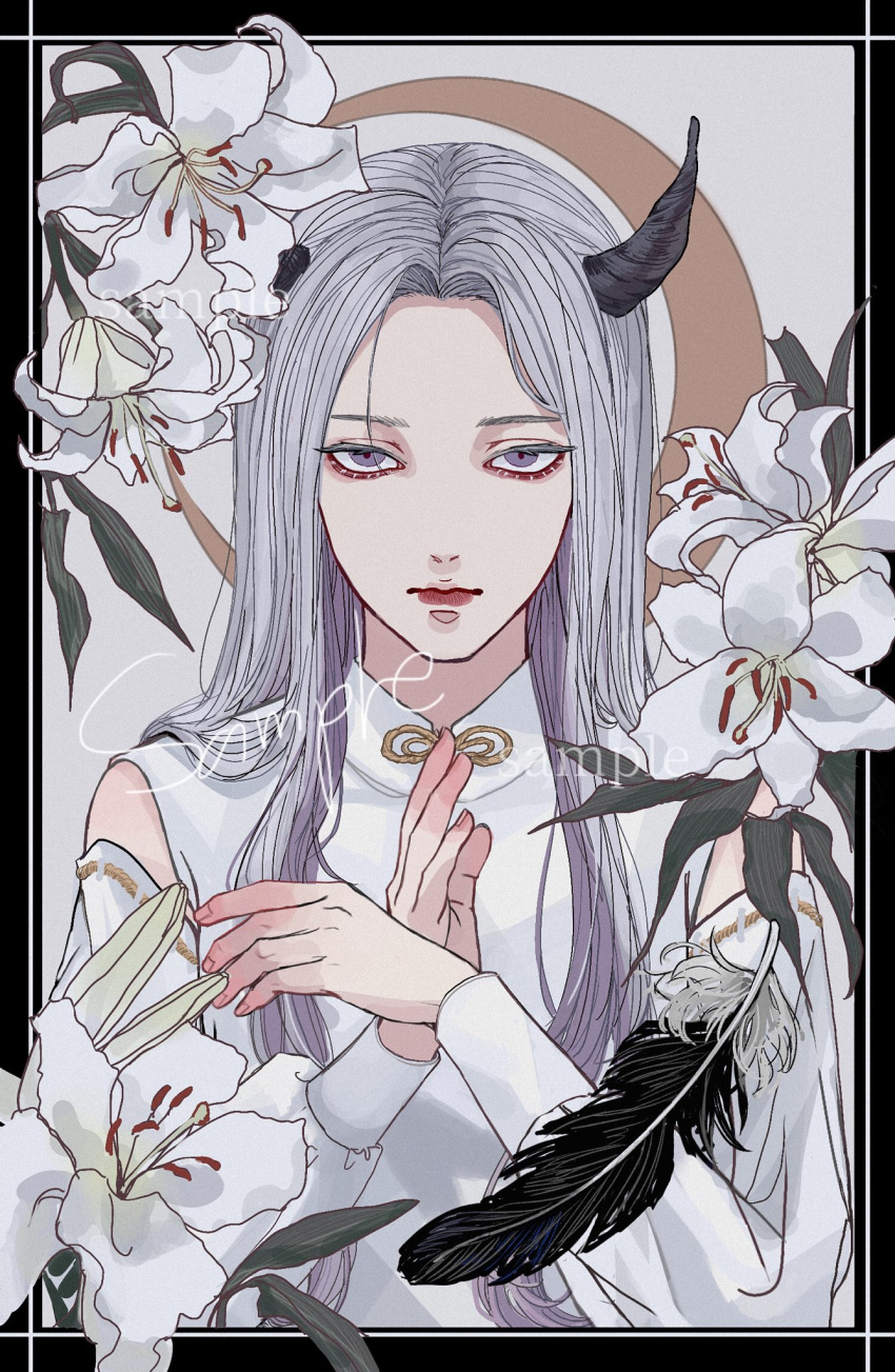 1girl black_border black_horns border chinese_clothes closed_mouth clothing_cutout commission feathers fingernails flower grey_hair highres horns kagoya1219 long_hair long_sleeves looking_at_viewer original outside_border parted_hair purple_eyes sample_watermark sanpaku shoulder_cutout solo straight-on straight_hair upper_body watermark white_background white_flower