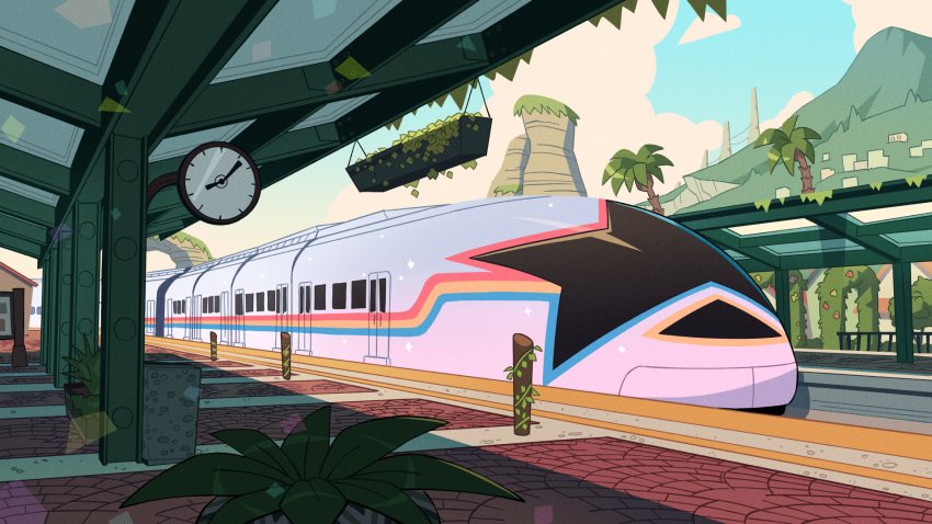 blue_sky clock cloud day digimin door hanging_plant highres mountain no_humans non-web_source official_art outdoors palm_tree plant potted_plant scenery sky sonic_(series) the_murder_of_sonic_the_hedgehog train train_(the_murder_of_sonic_the_hedgehog) train_station trash_can tree window