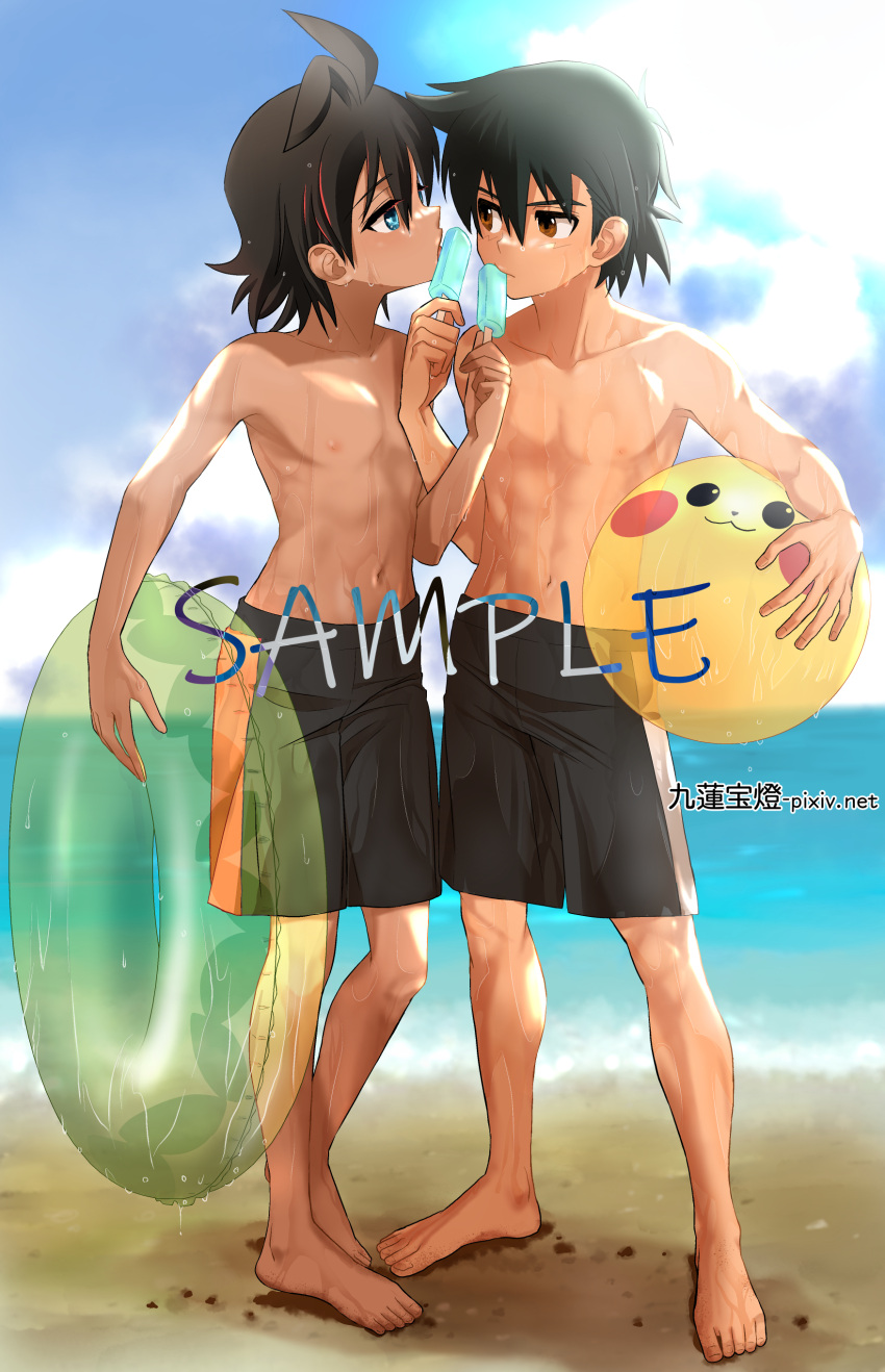 2boys absurdres alternate_costume antenna_hair ash_ketchum ball barefoot beachball black_hair black_male_swimwear blue_eyes brown_eyes closed_mouth coffee-break collarbone commentary_request day eating food goh_(pokemon) hand_up highres holding male_focus male_swimwear multiple_boys outdoors pokemon pokemon_(anime) pokemon_journeys popsicle sample_watermark short_hair sky standing swim_trunks toes topless_male