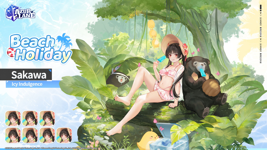 &gt;_&lt; 1girl animal arm_support azur_lane bare_legs barefoot bear bikini bikini_skirt bird black_hair blush breasts chick cleavage collarbone copyright_name english_text expressions feet flower food forest frilled_bikini frills full_body hair_flower hair_ornament hat highres holding holding_food ice knee_up legs long_hair looking_at_viewer medium_breasts nature navel official_alternate_costume official_art pink_bikini popsicle red_eyes sakawa_(azur_lane) sakawa_(icy_indulgence)_(azur_lane) sitting skirt smile solo stomach straw_hat sun_hat swimsuit thighs toes tree twintails water