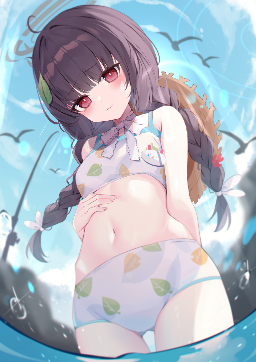 1girl absurdres ahoge bikini black_hair blue_archive blush braid breasts bright_pupils gou_213 halo hat hat_behind_back highres leaf leaf_on_head leaf_print light_smile looking_at_viewer miyu_(blue_archive) navel red_eyes simple_bird small_breasts solo stomach straw_hat swimsuit twin_braids wading white_bikini