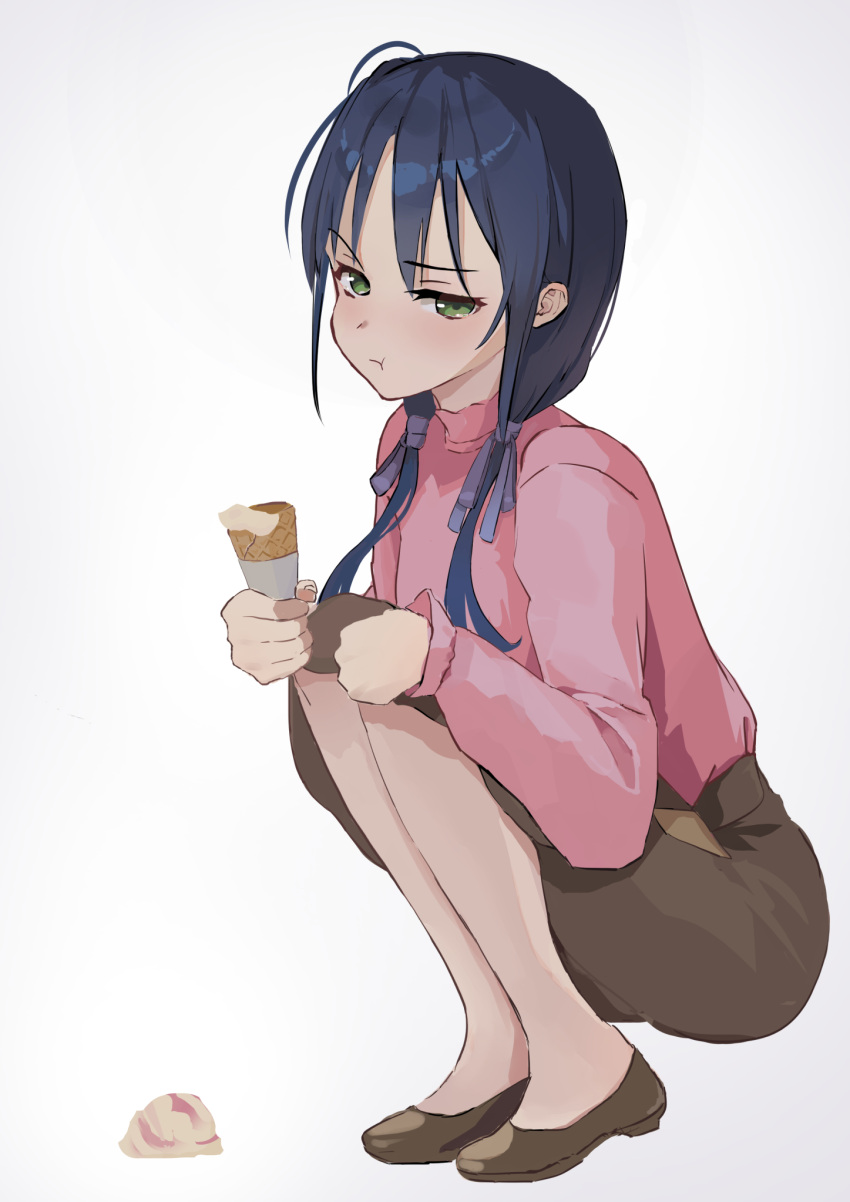 1girl blue_hair brown_footwear brown_skirt closed_mouth commentary_request food full_body green_eyes highres holding holding_food ice_cream kantai_collection long_hair official_alternate_costume pink_shirt pout shirt shoes simple_background skirt solo spill squatting suzukaze_(kancolle) white_background yuu+