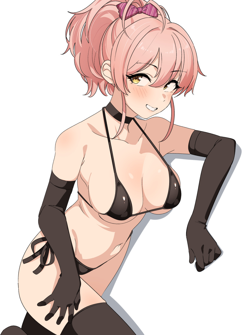 1girl absurdres bare_shoulders bikini black_bikini black_gloves black_thighhighs blush bow breasts cleavage collarbone commentary elbow_gloves gloves grin hair_bow highres idolmaster idolmaster_cinderella_girls jougasaki_mika large_breasts long_hair looking_at_viewer navel pink_hair ponytail seihekiog side-tie_bikini_bottom smile solo swimsuit thighhighs thighs yellow_eyes