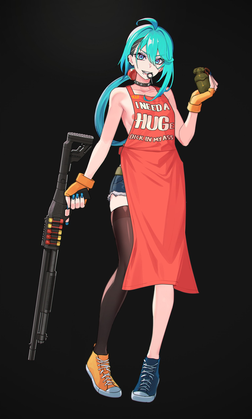 1girl absurdres apron bare_shoulders breasts collarbone copyright_request denim denim_shorts ear_piercing english_commentary english_text explosive fingerless_gloves gloves green_hair grenade gun highres holding holding_grenade holding_gun holding_weapon kuso_otoko medium_breasts orange_footwear orange_gloves piercing ponytail red_apron shoes shorts single_thighhigh smile solo thighhighs weapon