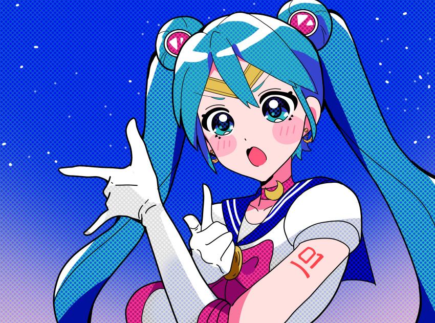 1girl \m/ absurdres aqua_eyes aqua_hair bishoujo_senshi_sailor_moon blue_eyes blue_sailor_collar blush bow choker circlet cosplay earrings elbow_gloves gloves hair_between_eyes hair_ornament halftone hatsune_miku highres jewelry long_hair looking_at_viewer magical_girl night night_sky open_mouth red_bow red_choker sailor_collar sailor_moon sailor_moon_(cosplay) sailor_senshi_uniform shirt sky solo sugarmonaka tsuki_ni_kawatte_oshioki_yo twintails v-shaped_eyebrows very_long_hair vocaloid white_gloves