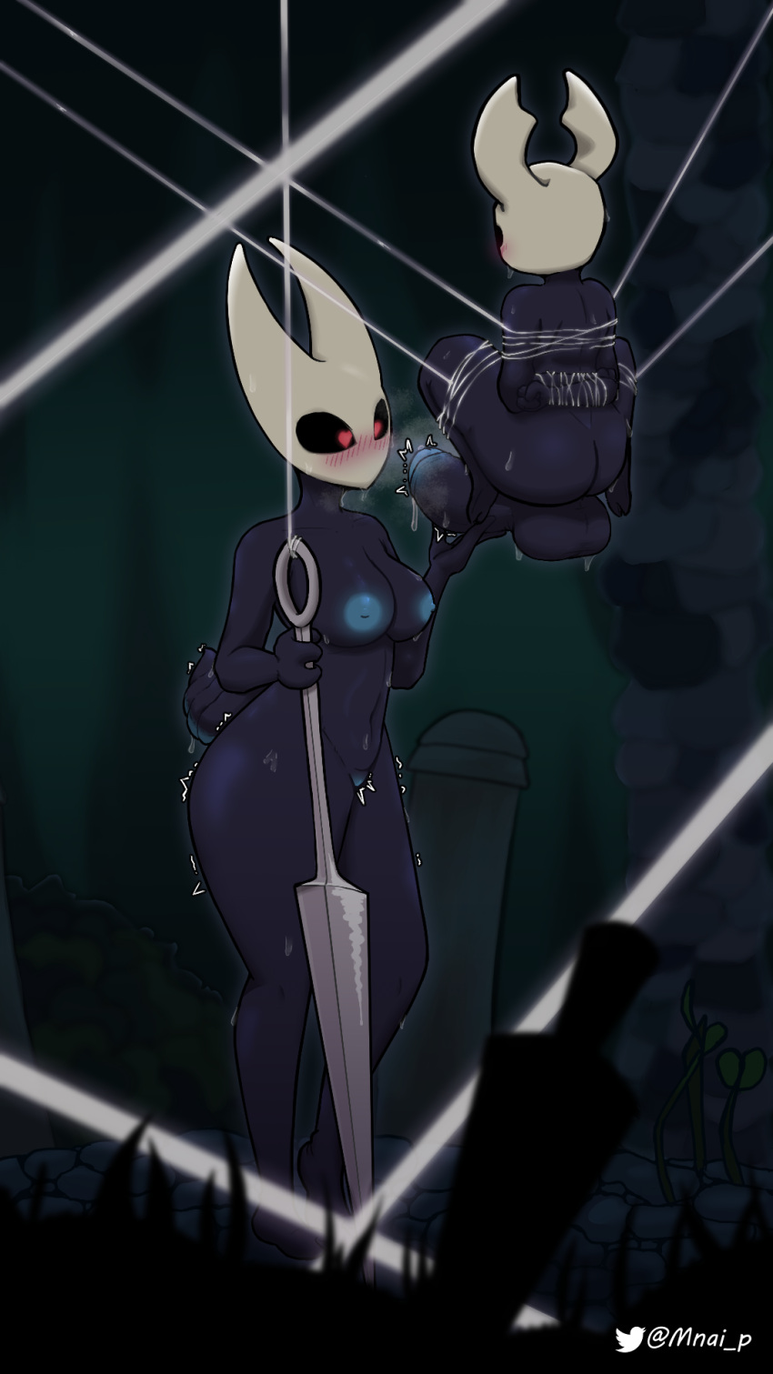 anthro areola arthropod balls black_body blue_nipples blue_pussy blush bodily_fluids breasts butt digital_media_(artwork) duo erection female genitals hi_res hollow_knight hornet_(hollow_knight) insect male mnai_p nipples nude penis pussy team_cherry the_knight_(hollow_knight)