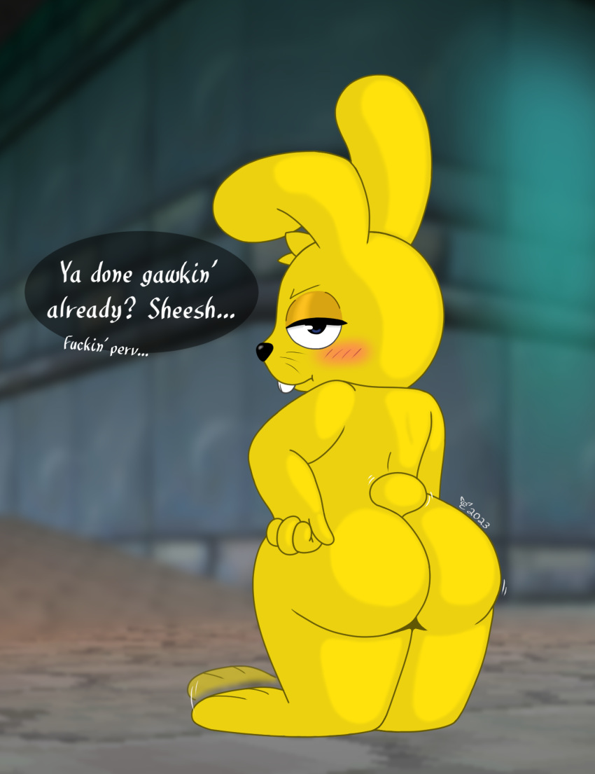 2023 ambiguous_gender angry anthro big_butt blue_eyes blush buckteeth butt cotton_tail detailed_background dialogue digital_media_(artwork) english_text epsilon_eevee fur half-closed_eyes hi_res huge_butt lagomorph leporid looking_at_viewer mammal mario_bros mips narrowed_eyes nintendo profanity rabbit short_stack signature solo speech_bubble teeth text thick_thighs whiskers wide_hips yellow_body yellow_fur