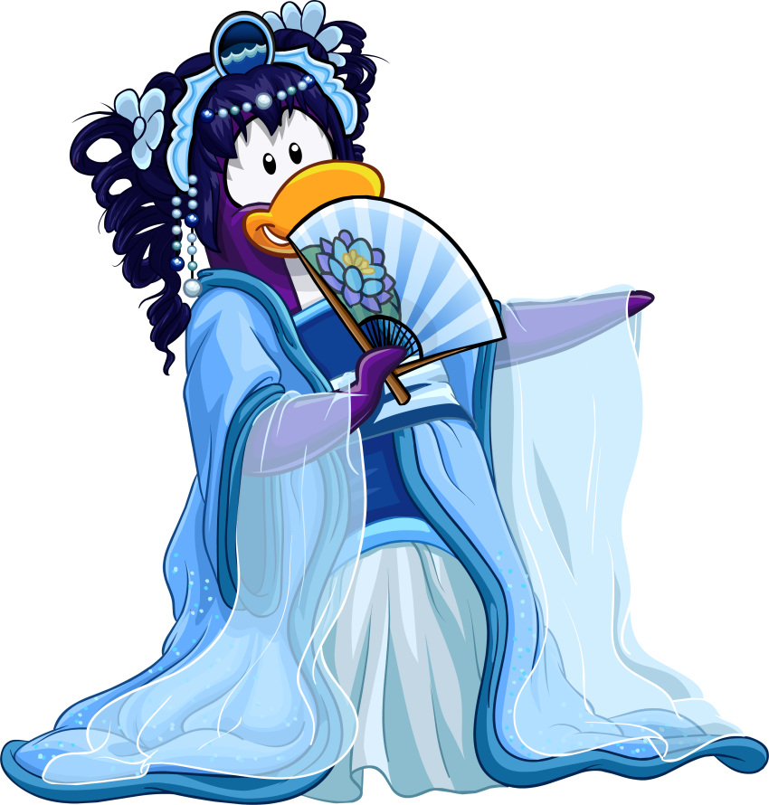 absurd_res accessory asian_clothing avian bird blue_clothing blue_flower blue_kimono clothing club_penguin drill_curls east_asian_clothing female flower flower_in_hair full-length_portrait hair hair_acc hair_accessory hand_fan hi_res japanese_clothing kimono long_hair looking_at_viewer official_art penguin plant portrait purple_hair solo unknown_artist