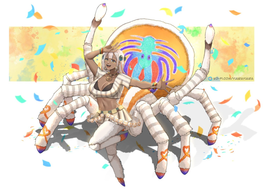 1girl arachne arms_up arthropod_girl body_markings breasts dancing dark_skin full_body large_breasts looking_at_viewer midriff monster_girl navel open_mouth original self-upload spider_girl tan taur white_hair yuurayuura