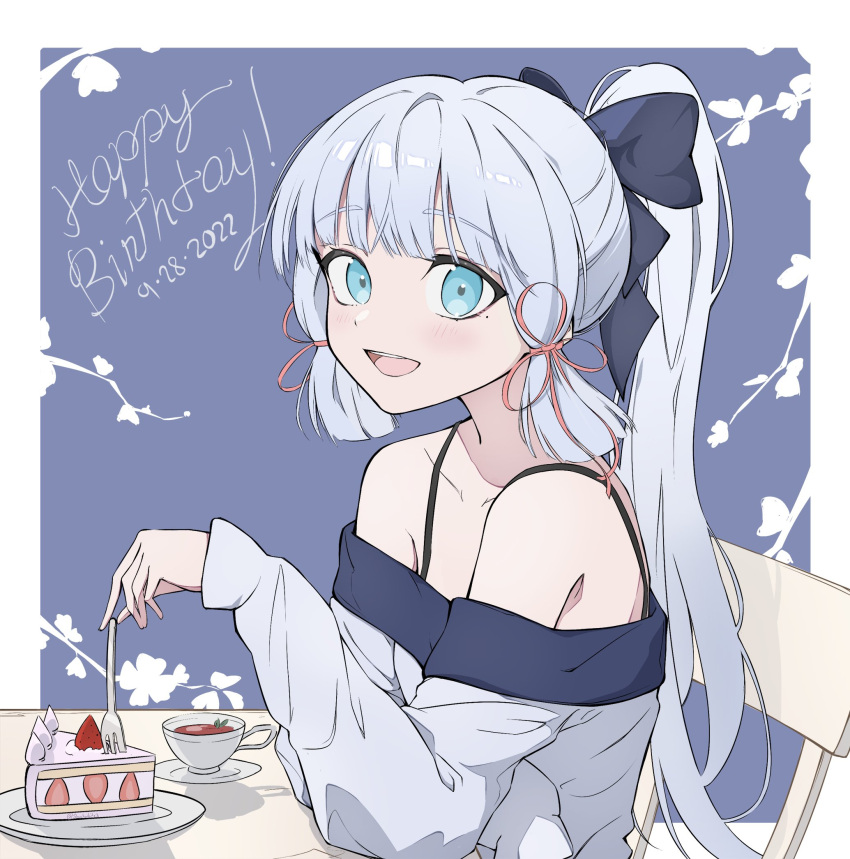 1girl alternate_costume arm_rest black_bow blue_background blue_eyes blue_hair blunt_bangs blunt_tresses blush border bow branch cake cake_slice chair collarbone collared_shirt cup english_commentary english_text flower_knot food fork genshin_impact grey_shirt hair_bow hair_ribbon halter_shirt halterneck happy_birthday highres holding holding_fork kamisato_ayaka light_blue_hair long_hair long_sleeves off-shoulder_shirt off_shoulder open_mouth plate ponytail ribbon saucer shadow shirt shockwhite3 sitting solo table tea teacup teeth timestamp tongue tress_ribbon twitter_username upper_teeth_only white_border