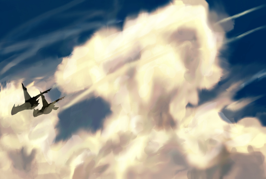 blue_sky cloud commentary_request contrail day flying full_body highres latias latios no_humans outdoors partial_commentary pokemon pokemon_(creature) scenery silhouette sky tensaitou_tou