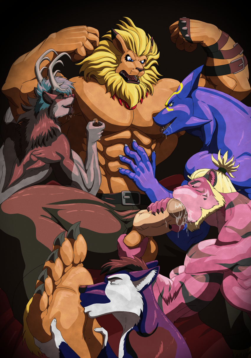 abs absurd_res anthro antlers armpit_fetish armpit_lick armpit_play arms_above_head balls bandai_namco belt belt_buckle black_nose blonde_hair blue_body blue_eyes blue_skin bodily_fluids canid canine claws clothing digimon digimon_(species) erection eyes_closed fahen_(dragonmate7) felid feline fingers foot_fetish foot_play fur galen genital_fluids genitals hair hi_res horn humanoid invalid_tag jewelry kissing leomon licking male male/male mammal mane mohawk multicolored_body multicolored_fur muscular muscular_male neck_tuft necklace nipple_fetish nipple_pinch nipple_play nipples penis penis_kissing pinch pink_hair pink_nose plantigrade precum red_eyes red_nose saliva scalie sergolf sex simple_background stripes teeth tongue tongue_out tuft two_tone_body two_tone_fur worshipping yellow_eyes yellow_sclera