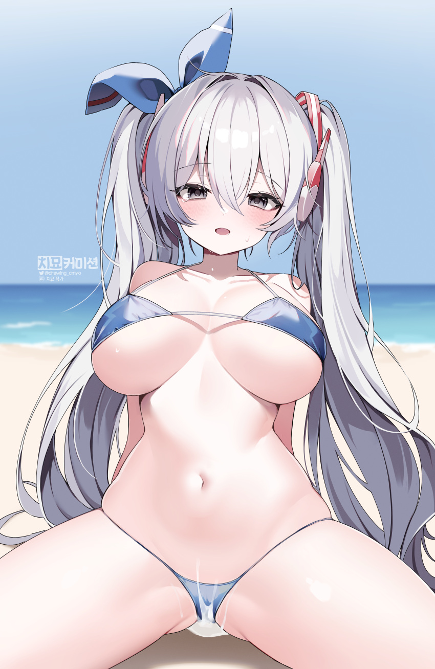 1girl absurdres arm_support bare_shoulders beach bikini blue_bikini blue_ribbon blush breasts character_request chimyo collarbone grey_eyes hair_between_eyes hair_ribbon highres horizon large_breasts long_hair looking_at_viewer maplestory navel ocean open_mouth ribbon sitting smile solo spread_legs stomach string_bikini suggestive_fluid sweat swimsuit twintails twitter_username white_hair