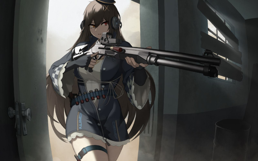 1girl aiming barrel benelli_m4 black_headwear blouse boarded_windows breasts brown_hair cero_(last2stage) commentary commission door dust elbow_gloves english_commentary fingerless_gloves fisheye girls'_frontline gloves gun hair_between_eyes hair_ornament hairclip headphones heterochromia highres indoors large_breasts light_particles long_hair m1014_(girls'_frontline) optical_sight parted_lips red_eyes shirt shotgun shotgun_shell solo thigh_strap trigger_discipline upper_body very_long_hair weapon white_shirt yellow_eyes