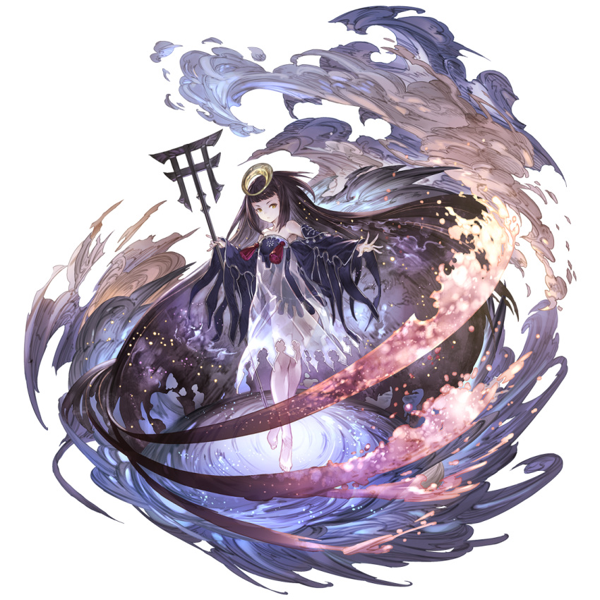 1girl barefoot black_hair detached_sleeves full_body granblue_fantasy holding holding_staff long_hair minaba_hideo official_art see-through staff standing third-party_source transparent_background tsukuyomi_(granblue_fantasy) yellow_eyes