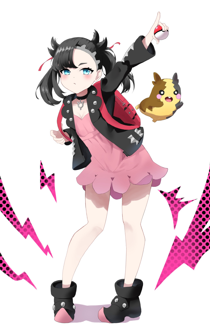 1girl absurdres asymmetrical_bangs backpack bag bare_legs black_choker black_footwear black_hair black_jacket blue_eyes boots breasts choker cleavage closed_mouth commentary dress full_body hair_ribbon highres holding holding_poke_ball holding_strap jacket kaminose_(user_veum4325) looking_up marnie_(pokemon) medium_hair morpeko morpeko_(full) open_clothes open_jacket outstretched_arm pink_dress pointing pointing_up poke_ball poke_ball_(basic) pokemon pokemon_(creature) pokemon_(game) pokemon_swsh polka_dot red_bag red_ribbon ribbon small_breasts solo standing twintails white_background
