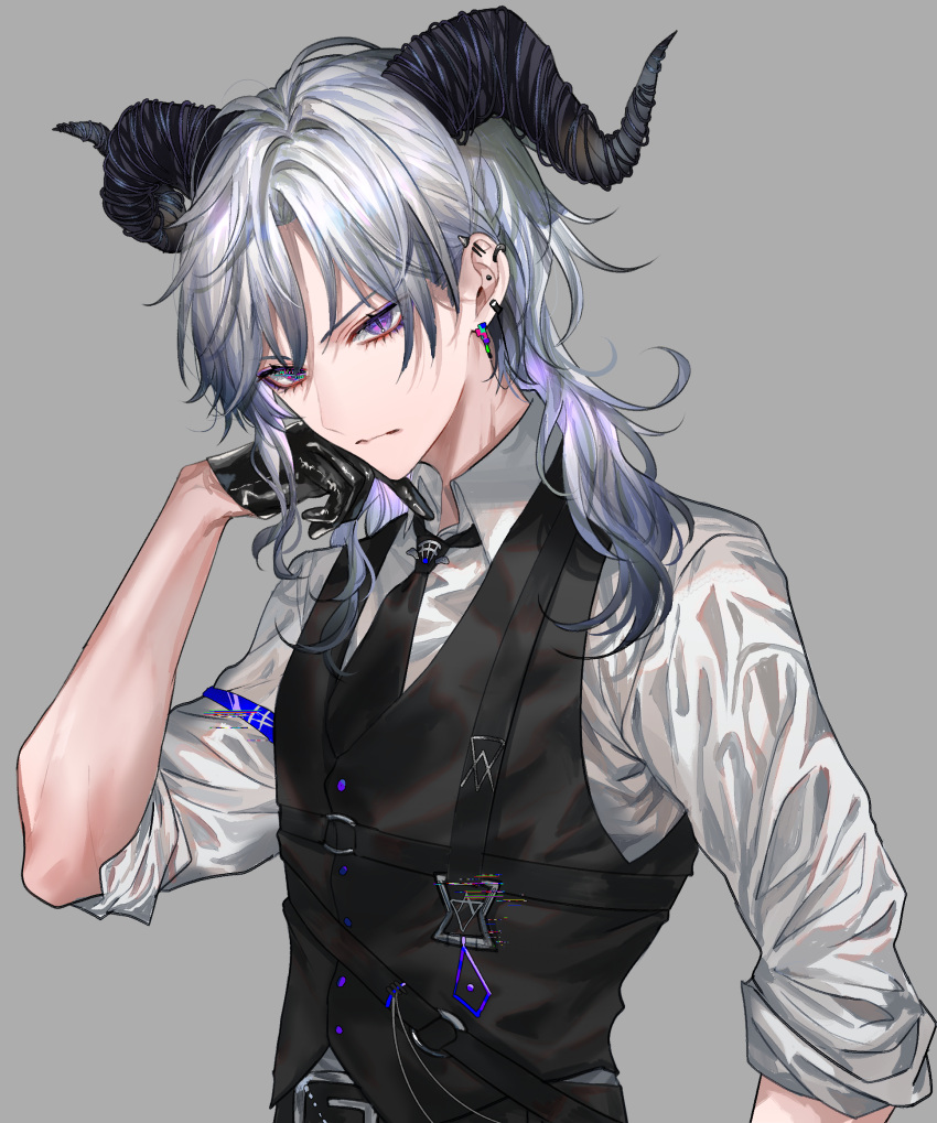 1boy asano_(kazusasn) belt bishounen black_belt black_gloves black_necktie black_vest chest_harness closed_mouth commission curled_horns demon_boy demon_horns earrings eyelashes glitch gloves grey_background grey_hair hair_between_eyes half_gloves hand_on_own_face harness highres horns jewelry long_hair looking_at_viewer male_focus multiple_earrings necktie original pixiv_commission purple_eyes shirt slit_pupils solo upper_body vest white_shirt