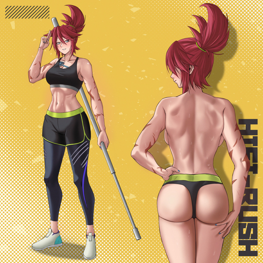 1girl abs absurdres baton_(weapon) blue_eyes blush breasts crop_top facing_viewer fax61209 from_behind full_body gym_shorts hair_between_eyes hi-fi_rush highres holding holding_staff korsica_(hi-fi_rush) long_hair looking_at_viewer medium_breasts multiple_scars pants ponytail red_hair salute scar shorts simple_background smile solo staff sweat toned topless two-finger_salute underwear very_sweaty weapon white_footwear yellow_background yoga_pants