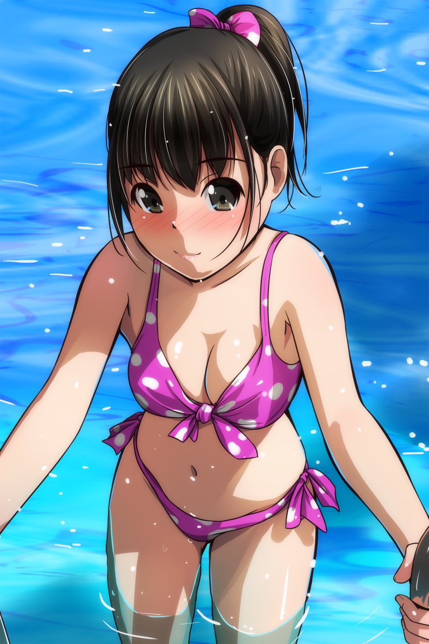 1girl absurdres bikini black_hair blush bow breasts climbing_ladder coll commentary_request hair_bow hand_on_railing hands_up high_ponytail highres large_breasts looking_at_viewer matsunaga_kouyou navel original partially_submerged pink_bikini pink_bow polka_dot polka_dot_bikini pool pool_ladder side-tie_bikini_bottom smile solo standing swimsuit water wet