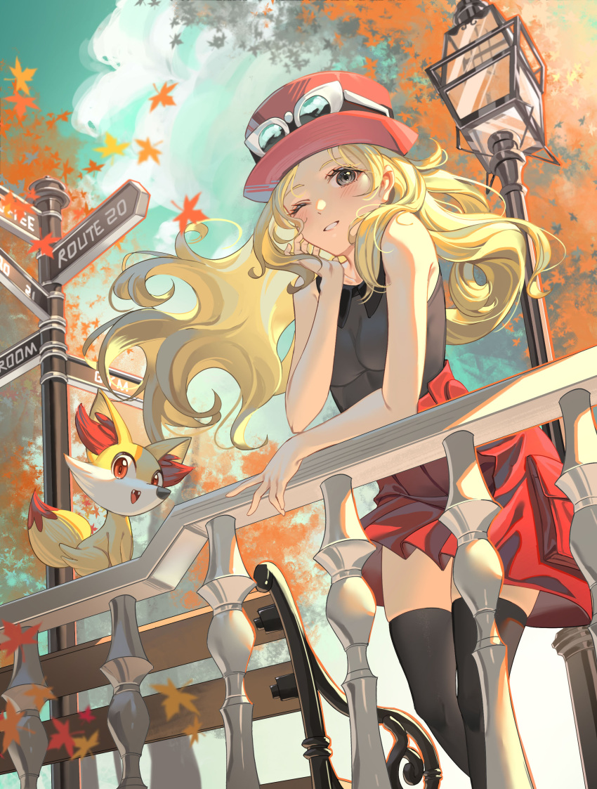 1girl absurdres al_guang autumn autumn_leaves black_shirt black_thighhighs blonde_hair commentary_request eyewear_on_headwear falling_leaves fennekin grey_eyes hand_up hat high-waist_skirt highres leaf long_hair looking_at_viewer one_eye_closed outdoors pleated_skirt pokemon red_headwear red_skirt serena_(pokemon) shirt skirt sky sleeveless sleeveless_shirt smile standing thighhighs white-framed_eyewear