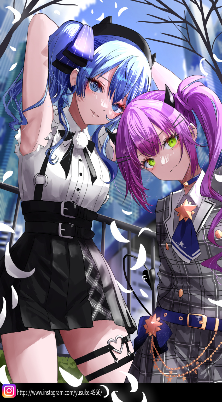 2girls against_railing armpits arms_up beret black_headwear black_skirt blue_bow blue_choker blue_eyes blue_hair blush bow breasts choker closed_mouth collared_shirt cosplay frilled_shirt frills green_eyes grey_jacket hair_bow hair_ornament hairpin hat high-waist_skirt highres hololive hoshimachi_suisei hoshimachi_suisei_(1st_costume) hoshimachi_suisei_(cosplay) jacket long_hair looking_at_viewer multiple_girls o-ring o-ring_thigh_strap open_mouth purple_hair railing shirt side_ponytail skirt small_breasts smile star_(symbol) star_choker thigh_strap tokoyami_towa tokoyami_towa_(3rd_costume) tokoyami_towa_(cosplay) tree twintails virtual_youtuber white_shirt yusuke_(shiota)