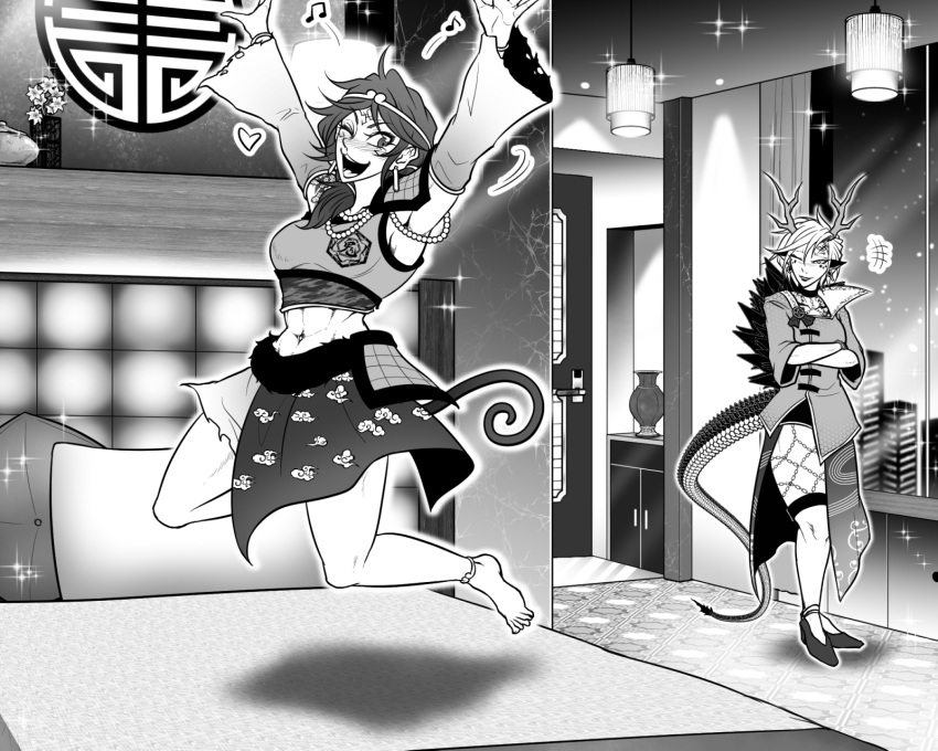 +++ 2girls abs antlers armor armpits barefoot bead_necklace beads bed blush breasts circlet cloud_print commentary_request detached_sleeves dragon_girl dragon_tail earrings flower full_body greyscale half-skirt heart high_heels highres hotel_room indoors jewelry jumping jumping_on_bed kicchou_yachie lamp long_bangs looking_at_viewer medium_breasts medium_hair midriff monkey_tail monochrome multiple_girls multiple_rings musical_note navel necklace one_eye_closed open_mouth pauldrons pillow pointy_ears print_skirt ring ryuuichi_(f_dragon) shirt short_bangs short_hair short_sleeves shoulder_armor shoulder_tattoo single_pauldron skirt small_breasts smile socks son_biten sparkle standing tail tattoo touhou turtle_shell vase window
