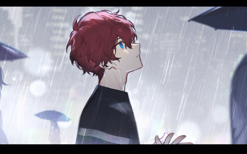 1boy aleo amagi_hiiro aqua_eyes closed_mouth commentary ensemble_stars! fingernails letterboxed looking_up male_focus rain red_hair short_hair solo_focus umbrella upper_body